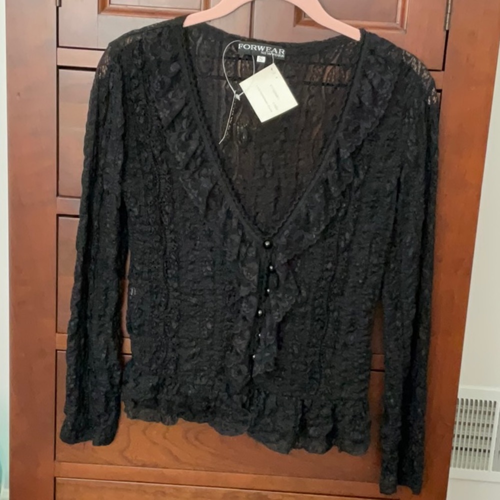 FORWEAR NEW YORK stretch lace cardigan in black. Size small NWT